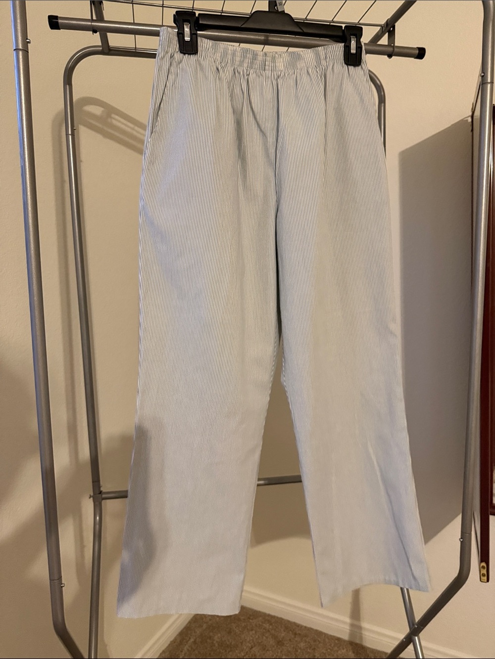 Women’s Light Blue/White Striped Elastic-Waist Pants